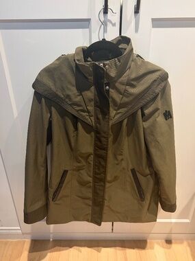 Mackage Alba Rain Jacket in Olive Green with Leather Trim